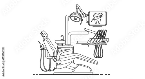 Dental clinic equipment: The image captures the detailed outline of dental equipment, showcasing the chair, the light, the display monitor with its teeth and other associated tool