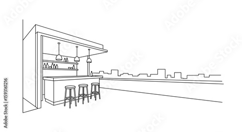 Urban Bar: A minimalist line drawing depicts a modern outdoor bar in a cityscape, featuring a sleek counter, stools, and ambient lighting against an urban skyline.