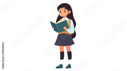 Happy schoolgirl with book in center