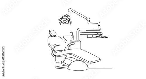 Modern Dental Chair: A detailed line art illustration of a sleek, modern dental chair, equipped with essential tools and instruments for dental care and designed for patient comfort.