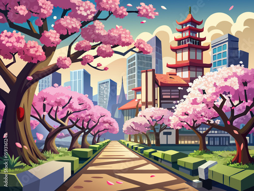 vector of In early spring, plum trees bloom in one of the Japanese cities, which has changed the color of the city.