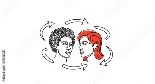 Communication Dynamics: A line art depiction of two individuals exchanging ideas within a continuous loop, capturing the essence of mutual dialogue and the dynamic interplay of communication.