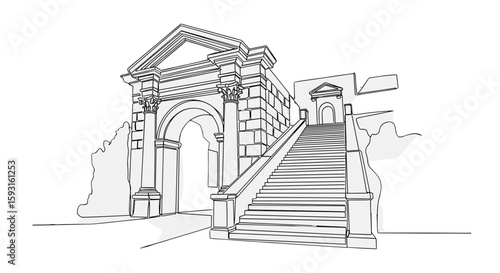 Ancient Gateway Silhouette: A striking line drawing captures the grandeur of an ancient stone gateway with intricate details and a timeless architectural style.