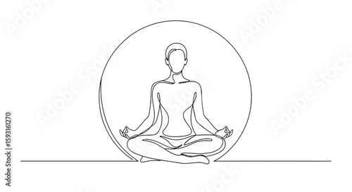 Harmony in Meditation: A serene line drawing captures the essence of meditation, portraying a figure in a peaceful yoga pose within a calming circular aura.