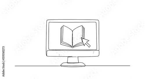 Online Study: A simplistic line art of a computer monitor displaying an open book with a cursor. 