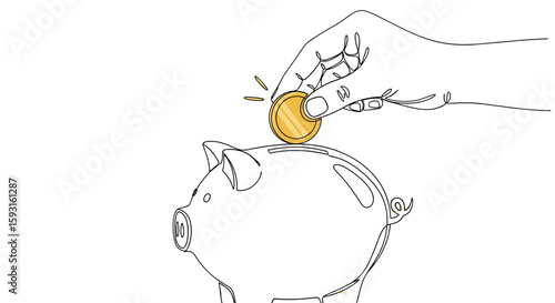 Saving for Future: A minimalist line drawing depicts a hand carefully placing a gold coin into a classic piggy bank, symbolizing the act of saving for the future with precision and care.
