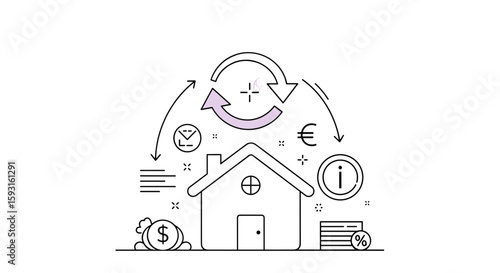 Property investment and finance: A stylized, graphic representation of a house, intertwined with currency symbols, arrows, and informative icons.