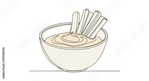 Appetizing Dip and Dipping Sticks: A captivating, minimalistic, continuous line drawing depicts a creamy dip invitingly paired with delicious dipping sticks.