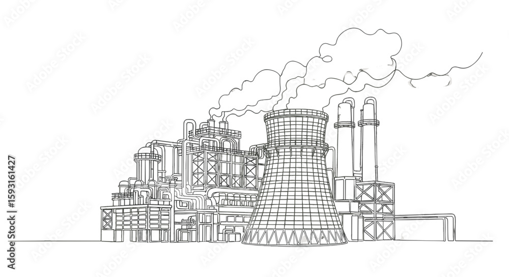Obraz premium Industrial Complex Monochrome: A detailed line drawing showcases an industrial complex with towering structures emitting atmospheric emissions, symbolizing industrial activity.