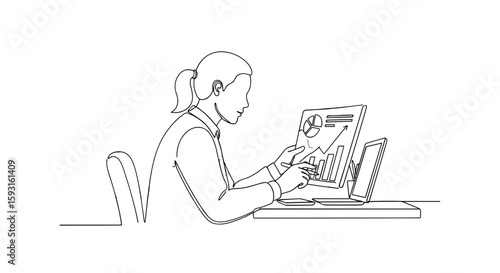 Data Analysis: A skilled analyst meticulously examines the intricacies of data charts and financial analysis, working with laptop
