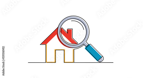 Home inspection icon: A graphic rendering illustrates a house under inspection, with a magnifying glass focusing on the structure.  
