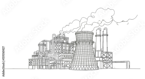 Industrial Complex Monochrome: A detailed line drawing showcases an industrial complex with towering structures emitting atmospheric emissions, symbolizing industrial activity.