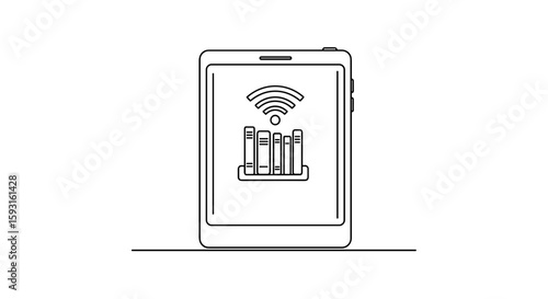 Digital Reading Connectivity: A sleek digital tablet displays a Wi-Fi signal alongside a stack of digital books, representing the seamless link between technology and literacy.