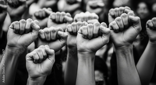 An authentic black and white photograph of a protest with raised fists
