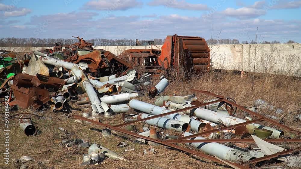 Exploded Landmine Shell Remains of exploded ammunition, shells of multiple launch rocket ...