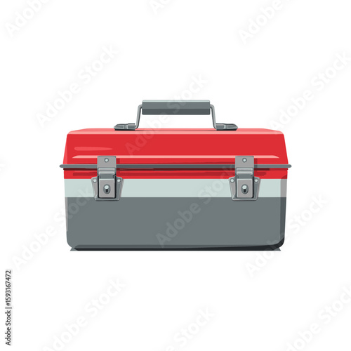 Red and gray metal toolbox with latch handles in realistic flat vector style for repair service branding, hardware store packaging, DIY tutorials and garage organization content on transparent backgro