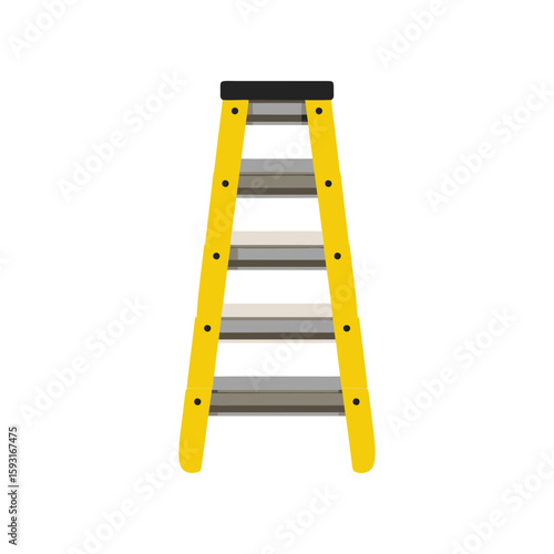 Yellow and gray stepladder flat vector illustration for home repair, industrial safety manuals, construction tutorials, DIY workshop content on transparent background.