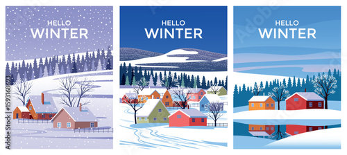 Vector Set of 3 winter season landscapes. Farm village houses and small town under snow in the first plan, and forest under snow in the background. Handmade drawing vector illustration.	