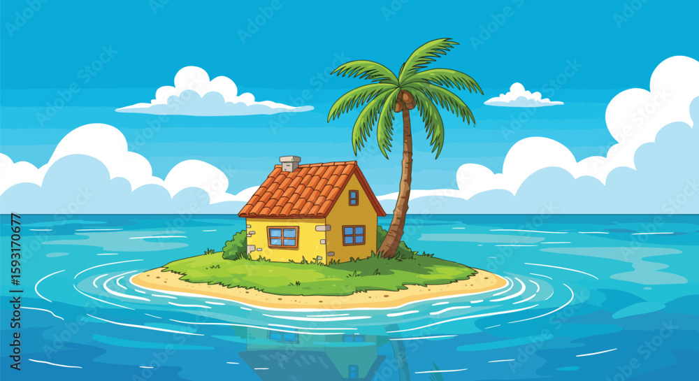 Obraz premium Tropical Island with a Small House and Palm Tree
