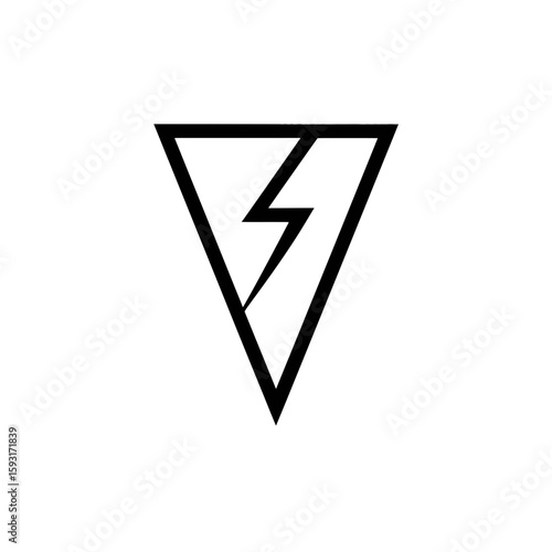 Black lightning pierces outlined triangle conveying power energy abstractly minimalist