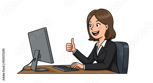 Smiling Woman Working on Computer with Thumbs Up Gesture