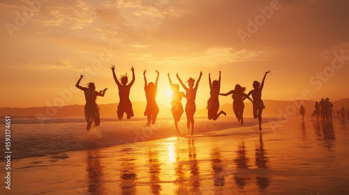 Friends enjoying vacation together on the beach at sunset celebrating joy