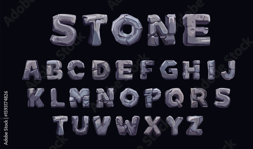 Cartoon stone font set. Vector rock alphabet letters for game, education, decoration. Abc type symbols concrete texture