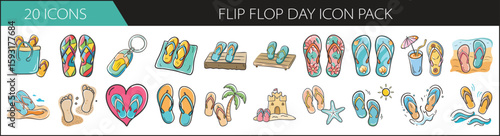Flip Flop Day icon pack with 20 illustrations - Colorful vector set of 20 flip flop icons featuring beach scenes, sandals, summer accessories, and tropical vacation elements.