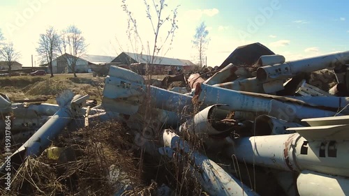 Remains of exploded ammunition, shells of multiple launch rocket systems. Rockets, mines, cartridges, shells, aerial bombs, multiple launch rocket systems that were used during the armed conflict