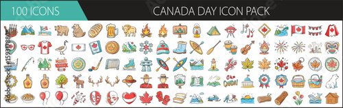 Canada Day vector icon pack with 100 symbols - Colorful set of 100 vector icons celebrating Canada Day, featuring flags, food, wildlife, sports, and cultural elements.