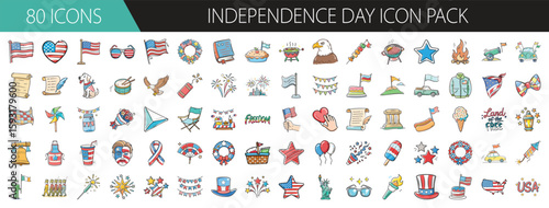 80 Patriotic Icons for Independence Day Celebrations - Colorful vector icon set of 80 Independence Day illustrations featuring flags, fireworks, eagles, hats, liberty symbols, and festive Americana.
