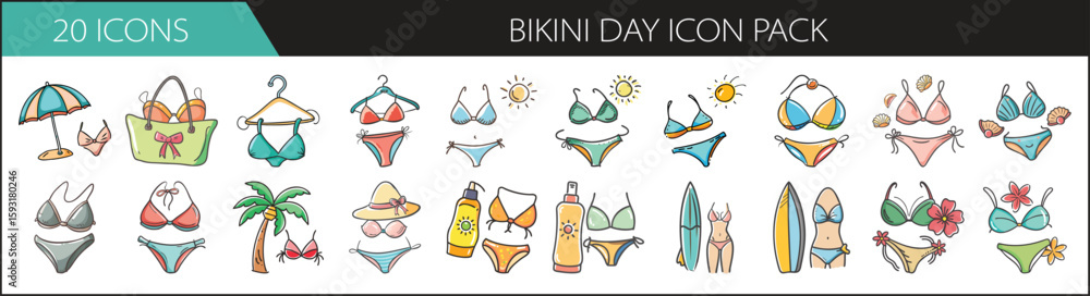 Naklejka premium 20 Summer Bikini Day Icons for Beach-Themed Designs - Vector pack of 20 colorful Bikini Day icons featuring swimwear, sunglasses, sunscreen, surfboards, palm trees, and tropical beach elements. 