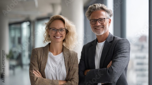 Portrait of two business people standing in an office