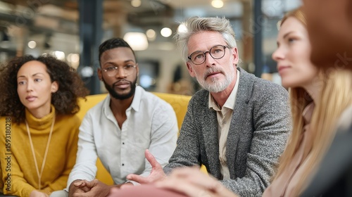 Professionals listening to a discussion in an office