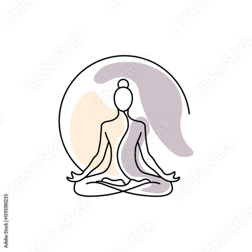 Abstract meditating woman vector art line with pastel shapes.