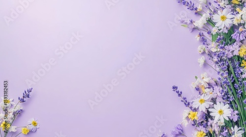 Pastel purple background with colorful spring flowers