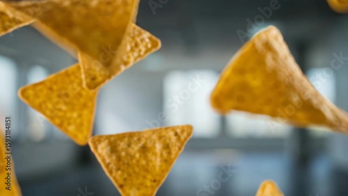 Delicious, crispy tortilla chips in mid-air against a blurred background