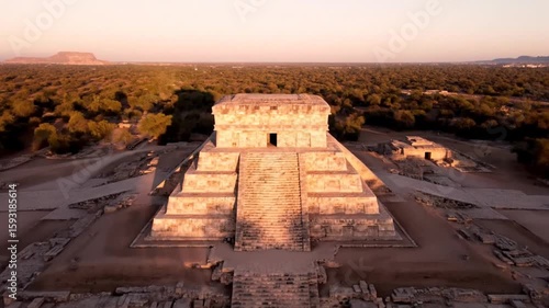 An ancient mayan pyramid stands majestically at sunset, bathed in the warm glow of the fading sun
