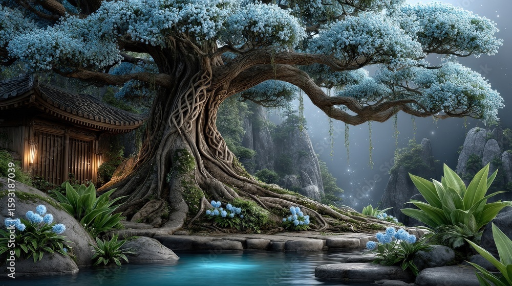 Obraz premium Majestic tree by serene water in a tranquil landscape.