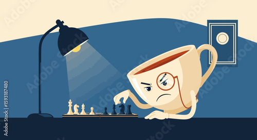 A Thoughtful Cup Of Coffee Plays Chess Under The Lamp Light Illustration
