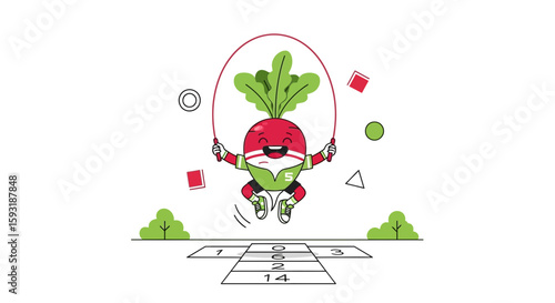 Active Beetroot Cartoon Character Enjoying Skipping Rope Game In Park