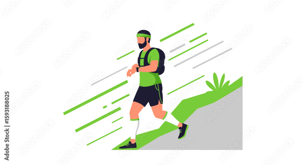 Fototapeta premium Active Man Trail Running Downhill With Backpack And Headband Sporty Lifestyle
