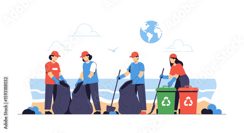 Beach Cleanup Volunteers Cleaning Ocean Coastline To Preserve Environment