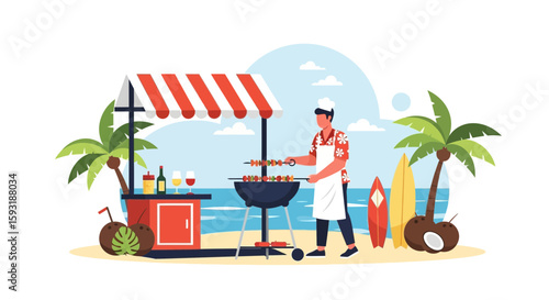Beach Bbq Grilling Chef With Island Vibes For Vacation Celebration