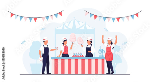 Cheerful Workers Selling Treats At A Festive Carnival Food Stall
