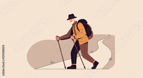 Active Senior Enjoying a Scenic Hike With Backpack And Trekking Poles