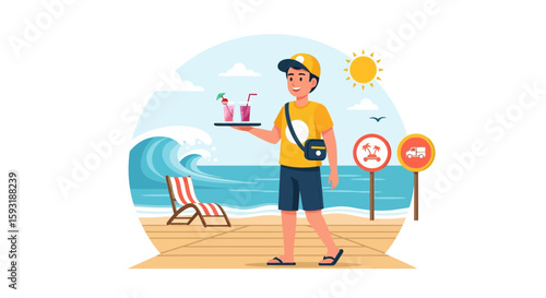 Beachside Refreshments: A Young Vendor Delivers Tropical Cocktails On A Sunny Coastline
