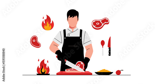 Chef Cutting Steak Meat Food Preparation Culinary Arts Cooking Delicious Dish