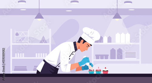 Chef Decorating Cupcakes with Frosting in Professional Kitchen Food Preparation Concept