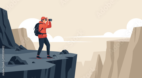 Adventure Awaits Young Explorer Observing Landscape With Binoculars On Cliff Edge